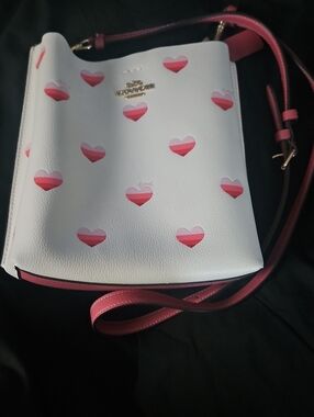 Coach White Pebbled Leather Crossbody with Pink Heart Print